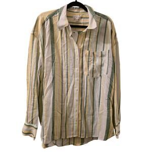 Wonderly Linen Blend Button Up Top Green Yellow Stripped Size XL NWT Resort Wear